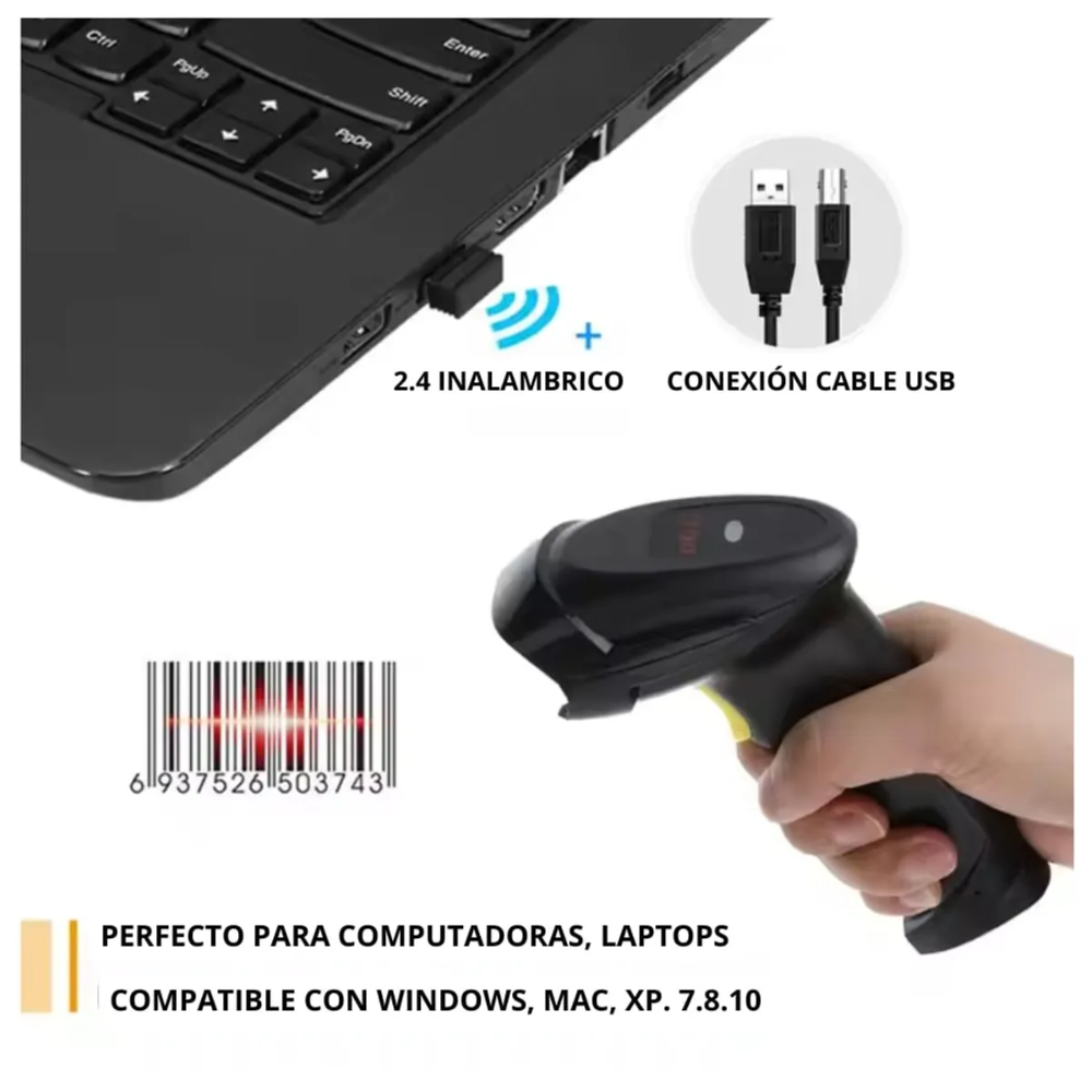 Pistola Lector de Barras Códigos Inalámbrico USB 2.4 GHz