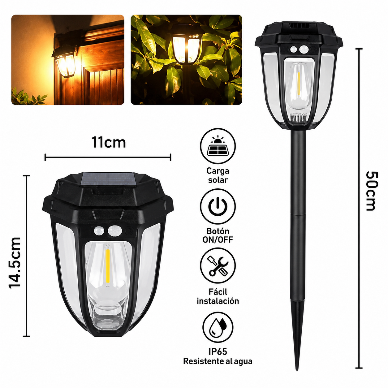 Farol solar 2 en 1 para pared y estaca