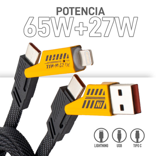 Cable 4 en 1 USB, Tipo C y Lightning de 65W + 27W, 1 m